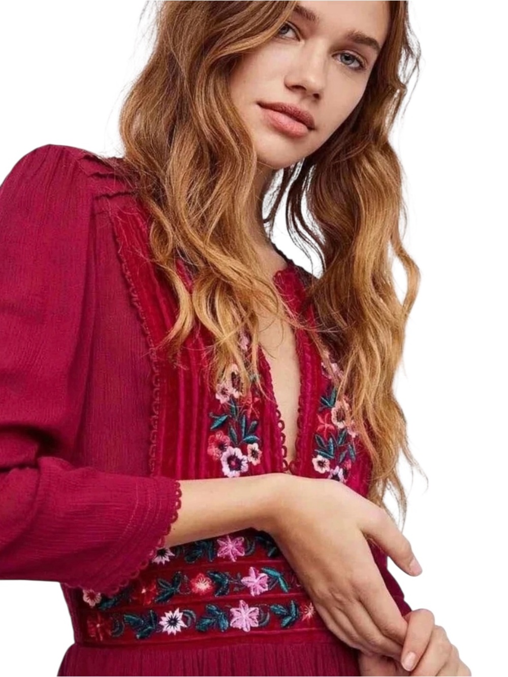 Free People Floral Embroidered Folk Gauzey Midi Dress S Cranberry Red Peasant - Picture 5 of 14